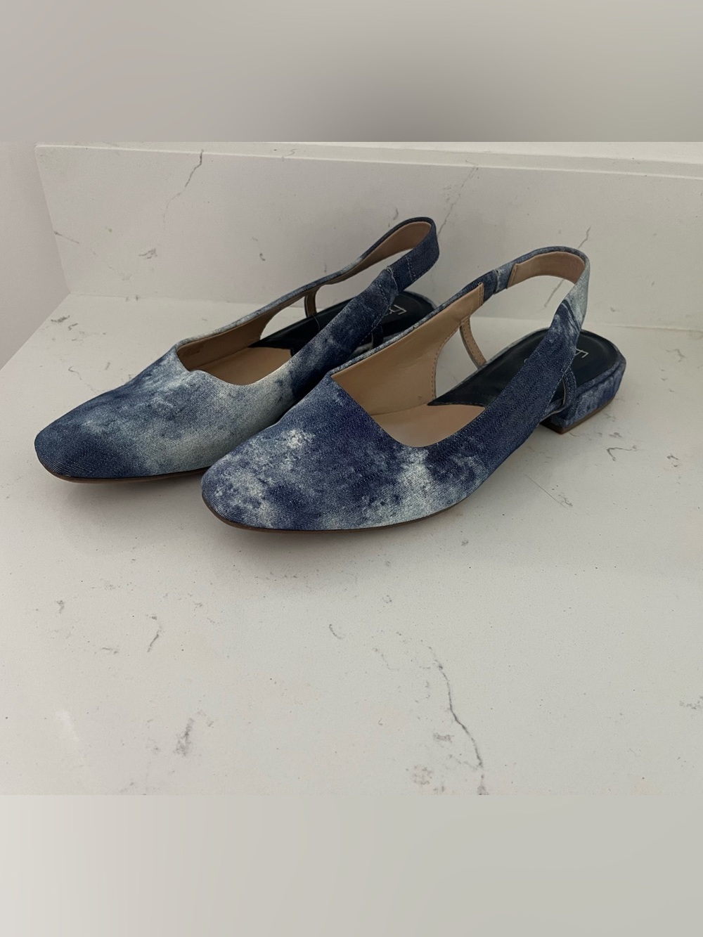Franco Sarto Blue Tie-Dye Denim Slingback Low Block Heel Mules